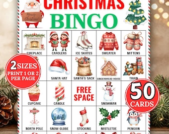 May include: Christmas Bingo game card with festive illustrations. The card features images of a fireplace, carolers, ice skates, a sweater, mittens, a Santa hat, Santa's sack, a gingerbread house, a train, a cupcake, a candle, a snowman, a North Pole sign, a snow globe, a stocking, mistletoe, and a penguin.