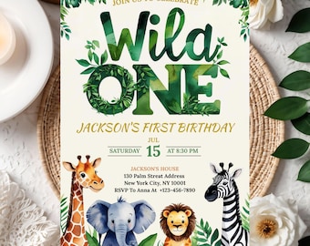 Invitación de cumpleaños editable de Wild One, invitación digital para primer cumpleaños de safari, invitación imprimible para fiesta de Wild One, fiesta de animales de la jungla de safari