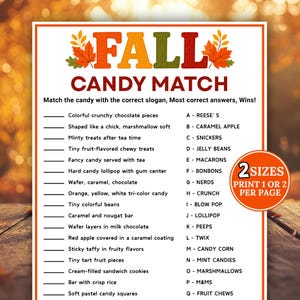May include: A printable Fall Candy Match game sheet featuring the title in orange, yellow, green, and red letters with autumn leaf graphics. The game lists candy descriptions to match with letters A through Q, and includes an orange circular badge.