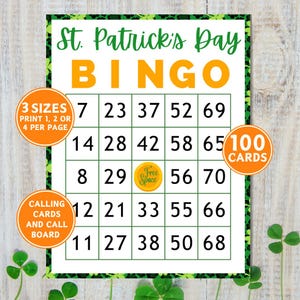 100 St Patrick's Day Bingokarten, druckbare St Patricks Day Bingospiel, Feiertags-Partyspiel im Klassenzimmer, St Paddys Aktivität für Kinder und Erwachsene