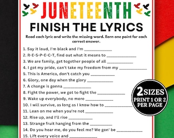Gioco "Completa il testo" per il Juneteenth, divertente gioco sulle canzoni del Juneteenth, quiz sulle canzoni, indovina la canzone, attività per il Juneteenth, gioco a quiz sulla musica afroamericana