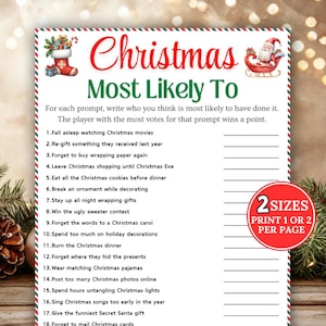 May include: A festive Christmas game sheet titled "Christmas Most Likely To". The sheet features a list of prompts for players to vote on, with space for answers. The design includes seasonal illustrations and text in red and green.