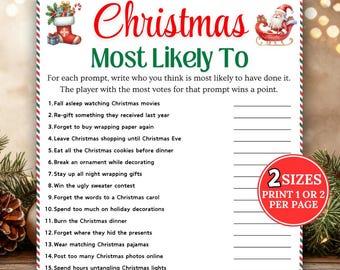 May include: A Christmas-themed game sheet with the title "Christmas Most Likely To" in red and green. The sheet includes prompts for a fun holiday game, with space to write answers. The design features festive illustrations and text.