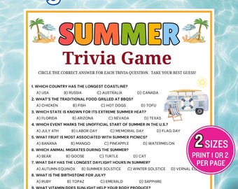 Sommer-Trivia-Spiel, Sommer-Quizspiel, druckbare Sommeraktivitätsspiele, Sommerspiele, Sommer-Partyspiele, Sommer-Familienspiel, Denk-Schnell-Spiel
