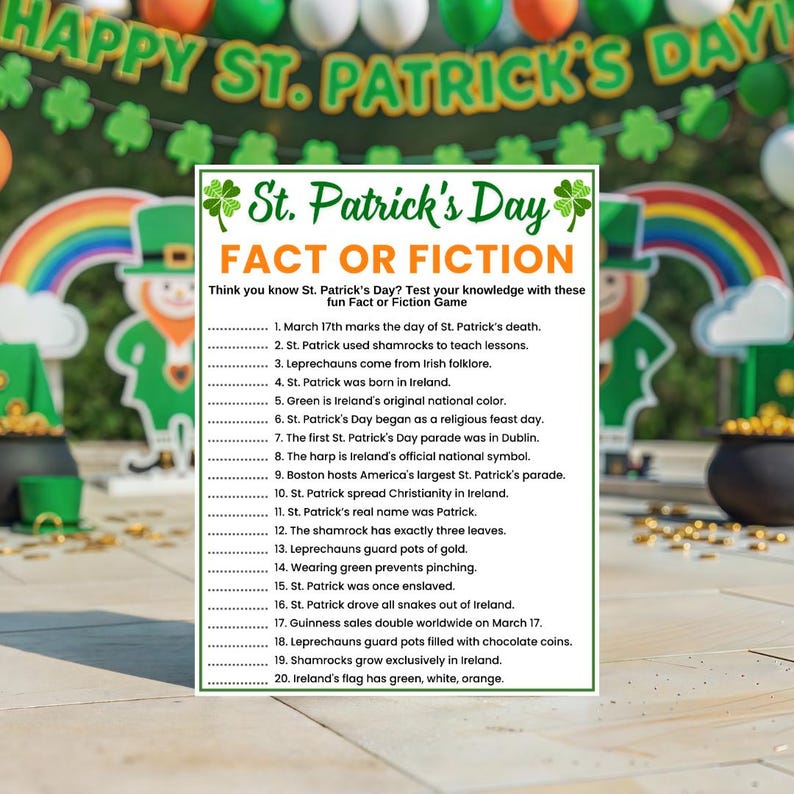 INSTANT DOWNLOAD St Patrick's Day Fact Or Fiction Game Printable - St Paddy's Day Party Game Printable - Irish Trivia Game
St. Patrick’s Day True or False Game, Printable Irish Trivia Quiz, St Paddy’s Day Party Activity, Fun Holiday Game for Kids & Adults
St Patricks Day Games, Fact or Fiction, St Patricks Party Games, Bible Games, Sunday School Games, Womens Ministry Games, Irish Party Games