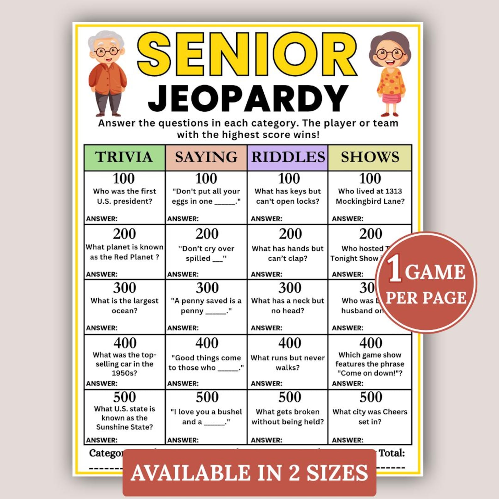 Senior Jeopardy Game, Games for Senior Citizens, Senior Activity