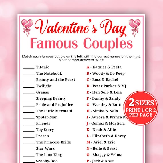 Match the Famous Couples Game, Valentine's Day Match-up Game, Holiday Trivia, Printable Famous Movie Game, Valentine Activity, Family Game - Etsy Israel Match the Famous Couples Game, Valentine's Day Match-up Game, Holiday Trivia, Printable Famous Movie Game, Valentine Activity, Family Game - Etsy Israel