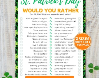 St Patrick's Day Would You Rather Game, Printable This or That Games for Kids Adults, Irish Party Quiz, Fun St Paddys Office Activity Game