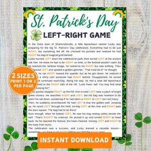 Könnte beinhalten: Ein druckbares St. Patrick's Day Spiel für Kinder. Das Spiel ist ein Links-Rechts-Spiel, bei dem die Spieler den Anweisungen folgen, um eine verlorene Goldtasche zu finden. Das Spiel ist für den Druck auf Papier im Format A4 konzipiert. Das Spiel ist in zwei Größen erhältlich: einen oder zwei pro Seite drucken.