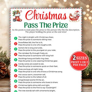 May include: A festive Christmas game titled "Pass The Prize" with a red and green color scheme. The game includes a poem with instructions and numbered prompts. The text "2 Sizes Print 1 or 2 Per Page" is also visible.