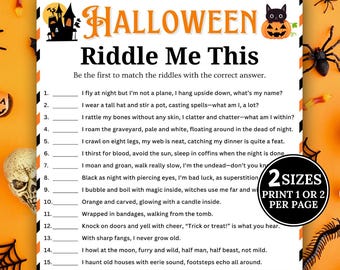 Gra „Zagadki na Halloween”, „Zagadka dla mnie”, gra na imprezę halloweenową, do druku żarty i zagadki na Halloween dla dzieci i dorosłych, wieczór gier rodzinnych
