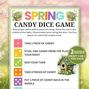 Puede incluir: Un imprimible juego de dados de caramelos de primavera. Las instrucciones del juego se muestran con gráficos de dados coloridos. El texto incluye "Toma 1 caramelo", "Roba un caramelo" y "Salta tu turno".