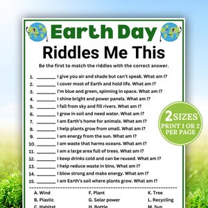 Puede incluir: Juego educativo del Día de la Tierra con el título "Riddles Me This". La hoja de juego verde y azul presenta gráficos de la Tierra y acertijos sobre el medio ambiente. Incluye el texto "2 Sizes Print 1 or 2 per page".