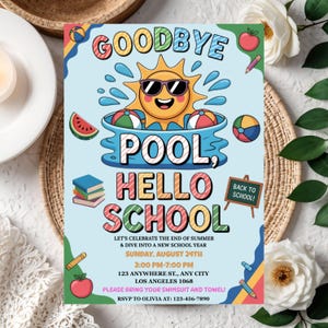 End of Summer Pool Party Invitation Template, Printable Hello School So Long Summer Bash, Editable Back to School Invite, Instant Download