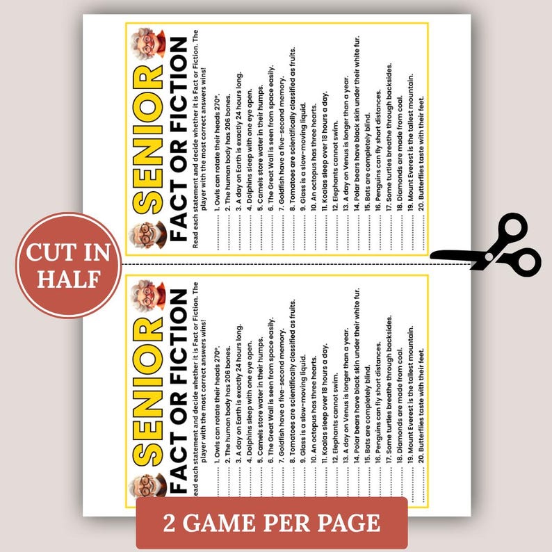 Senior Fact or Fiction Game, Games for Senior Citizens, True or False ...