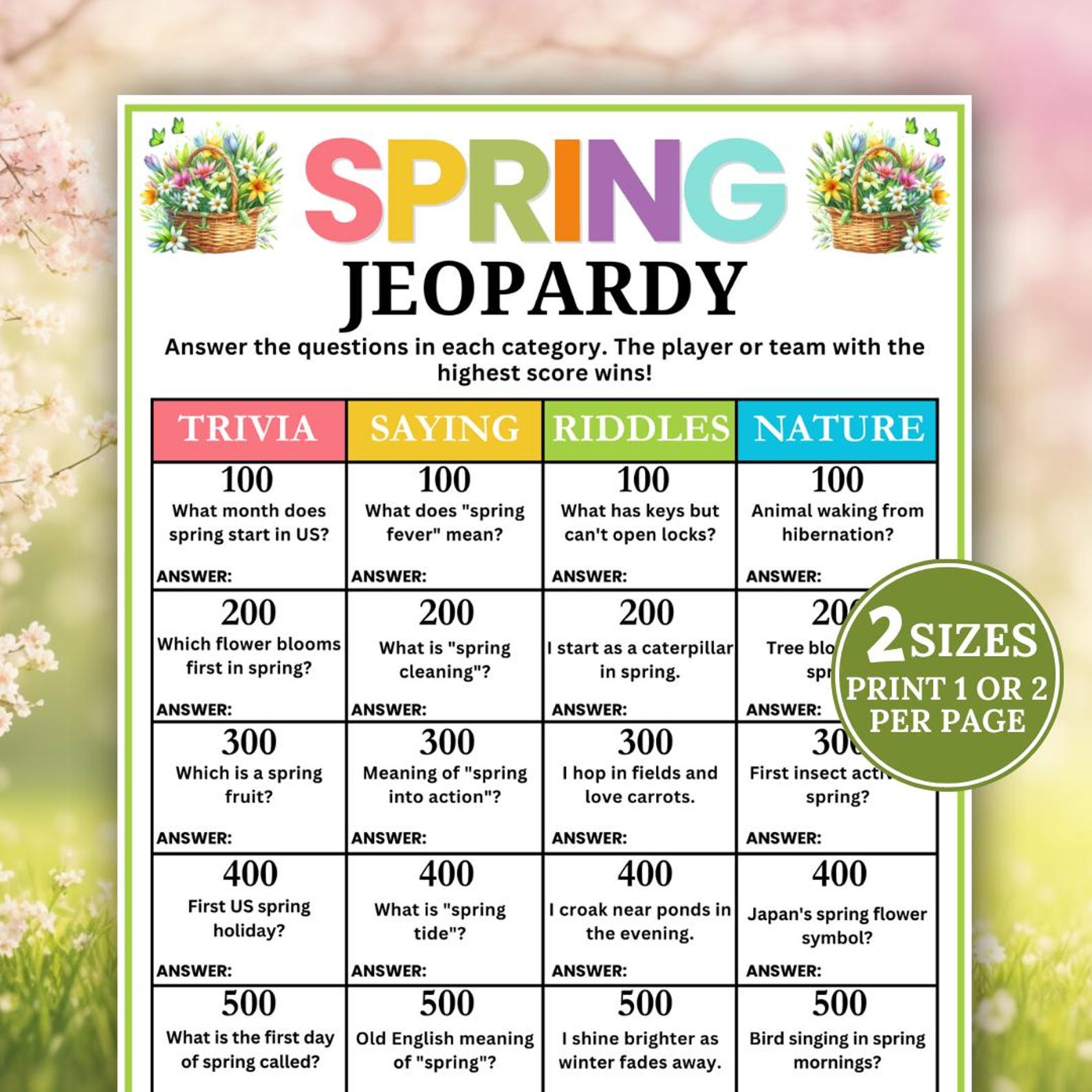 Spring Jeopardy Game, Printable Party Activity, Spring Games, Spring ...