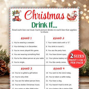May include: A festive Christmas party game with the title "Christmas Drink If..." in red and green. The game includes four rounds of prompts, such as "You're wearing a sweater" and "You have brown eyes."