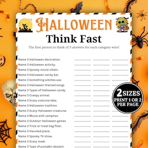 Puede incluir: Una hoja de juego con temática de Halloween con la palabra "HALLOWEEN" en naranja y el texto "Think Fast". La hoja incluye categorías como decoraciones, actividades y dulces de Halloween. El juego está disponible en dos tamaños.