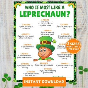 St. Patricks Day Games, Who Is Most Like a Leprechaun, Leprechaun Game, Printable Party Activity, Icebreaker for Adults & Kids, Group Games