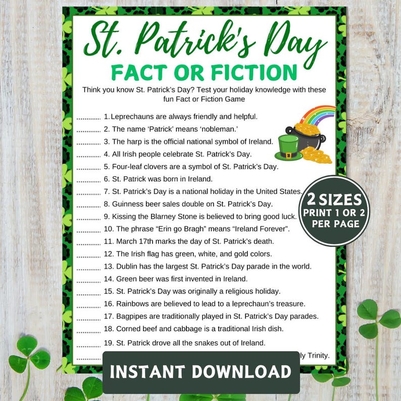 St Patrick's Day Trivia Game, Fact or Fiction