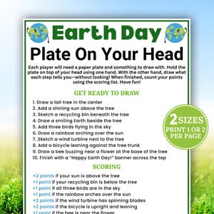Puede incluir: Una hoja de actividades del Día de la Tierra, titulada "Plate On Your Head", con texto verde y blanco. La hoja proporciona instrucciones de dibujo y un sistema de puntuación. El texto incluye "Get Ready to Draw" y "Happy Earth Day!" con un gráfico de la Tierra.
