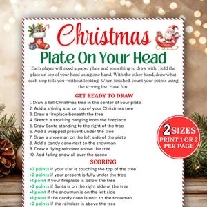 May include: A festive Christmas-themed game sheet titled "Christmas Plate On Your Head." The red and green design includes instructions for drawing holiday elements on a paper plate. The sheet offers two size options for printing.