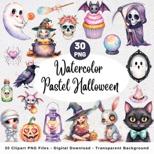 Watercolor Pastel Halloween Clipart, Cute Ghosts Clipart, Witch, Cat, Spider, Scrapbooking, Mummy, Cute Spooky Halloween Clip Art Graphics