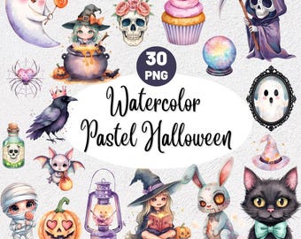 May include: A collection of watercolor illustrations with a Halloween theme. The images include a ghost, witch, skull, cupcake, raven, spider, and other spooky elements. Text reads "Watercolor Pastel Halloween" and "30 PNG".
