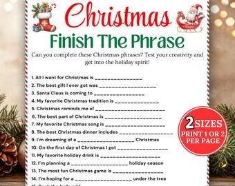 Christmas Finish The Phrase Game, Printable Christmas Party Games, Christmas Games, Holiday Group Game, Winter Games For Kids & Adults, Xmas