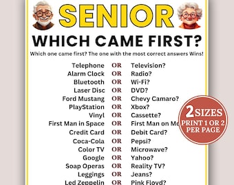 Puede incluir: Un póster blanco con la palabra "SENIOR" en amarillo, que presenta un juego titulado "WHICH CAME FIRST?" con pares de elementos para comparar. Incluye ilustraciones de un hombre y una mujer mayores. El póster también tiene una etiqueta "2 SIZES".