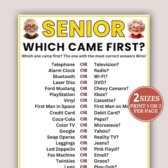 Senior Which Came First Game, Seniors Memory Game, Elderly Game, Games for Senior Citizens, Brain Games, Retirement Games, fun facts trivia