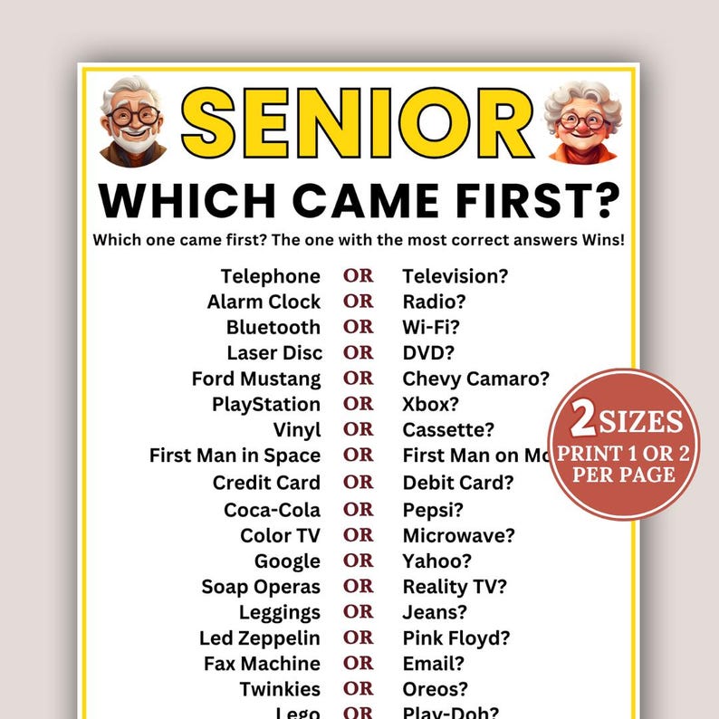 Which Came First Trivia Game, Games for Senior Citizens, Fun Elderly Games, Seniors Memory Game, Senior Party Games, Brain Games for Seniors
Game for Senior Citizens, Game for Elderly Icebreaker Games, Elderly Game, Birthday Game for Senior Brain Teasers, Seniors Memory Game
Which Came First Trivia Games, Pop Culture Trivia Games, Games for Senior Citizens, Fun Elderly Games, Senior Memory Games, Office Party