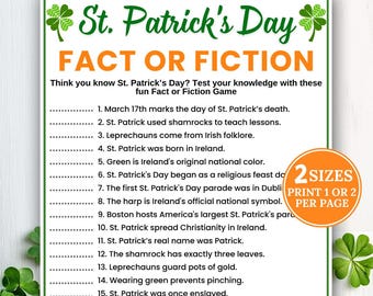 St Patrick’s Day Fact or Fiction Game, St Patrick's Trivia, True or False, Holiday Trivia, St Patricks Activity, Family Game Night, Fun Quiz