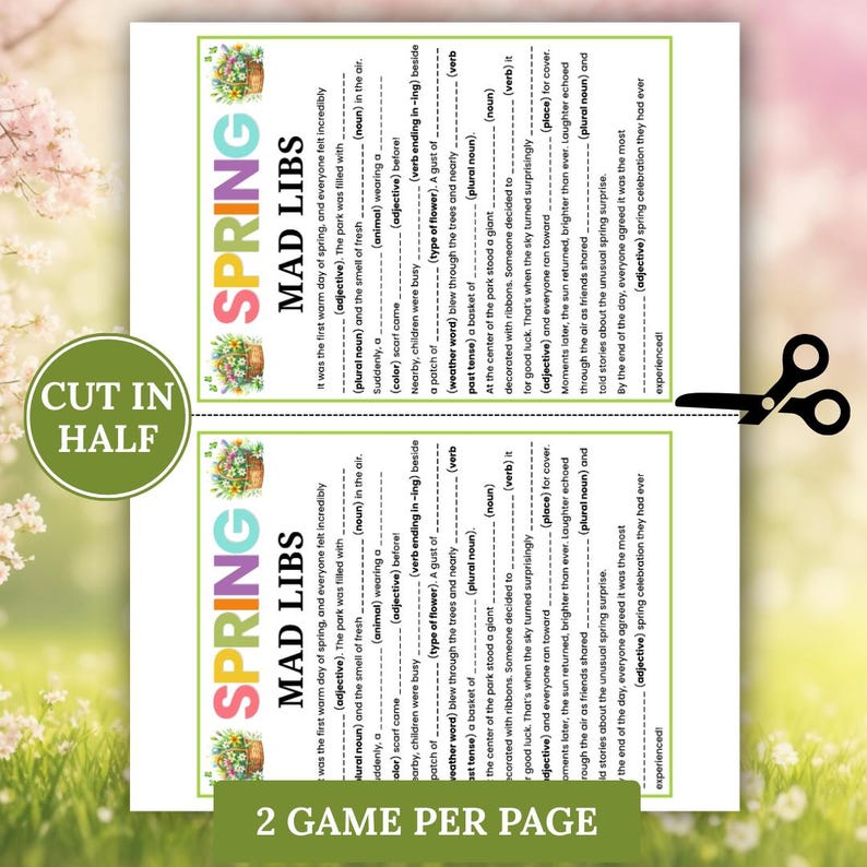 Spring Mad Libs Game Printable | Funny Fill-in-the-Blank Party Activity for All Ages, Games for Spring Party
Spring Mad Libs Style Story Game – Printable Spring Fill-in-the-Blanks Funny Word Game, Spring Party Games, PDF Download
Mad Libs - Spring, Floral Bridal Shower Game, Spring Family Feud, Spring Quizzes, Spring Trivia Adults, Spring Games Printable, Spring Games Women