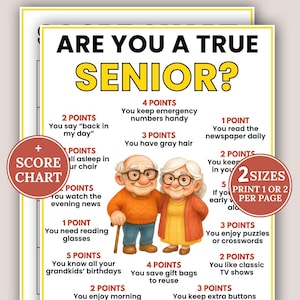 Könnte beinhalten: Ein humorvoller Druck mit dem Titel „Sind Sie ein echter Senior?“ zeigt ein Cartoon-Paar und eine Punktetabelle. Das Design enthält Text in Gelb und Rot mit einer Vintage-Ästhetik. Der Druck ist in zwei Größen erhältlich.