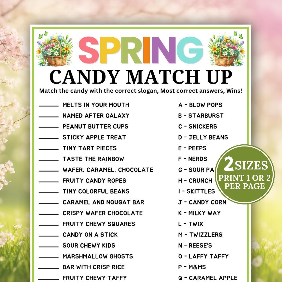 Spring Candy Sign Spring Candy Match Game, Spring Party Game, Candy Slogan Trivia Game ...