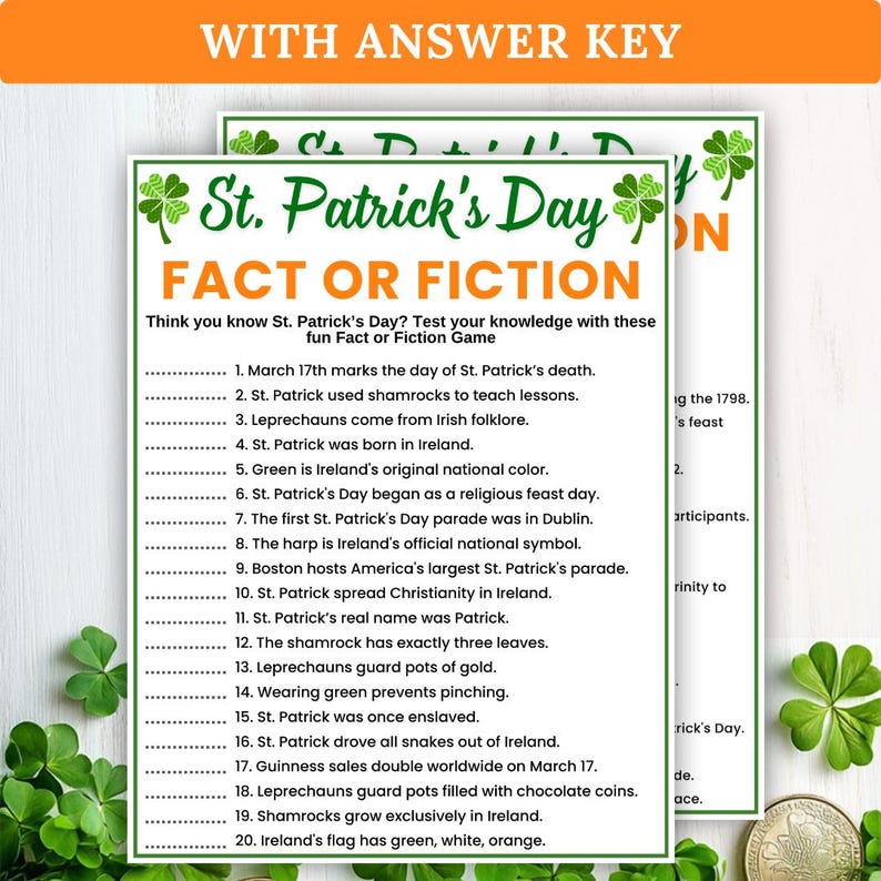 St. Patrick’s Day Fact or Fiction? | St. Patrick’s Day Trivia Game | Fun St. Patrick’s Day Game | St. Patrick’s Day Kid and Adult Games | Printable Games
St. Patrick’s Day Fact or Fiction Trivia Game: Family Fun (Digital Download), St. Patrick’s Day Fact or Fiction Game: Fun Trivia Quiz (Printable PDF)
St. Patrick’s Day Fact or Fiction Game, St. Patricks Day Party Game, True or False Love Quiz, Seniors & Friends Activity, Printable St. Patrick’s Fun