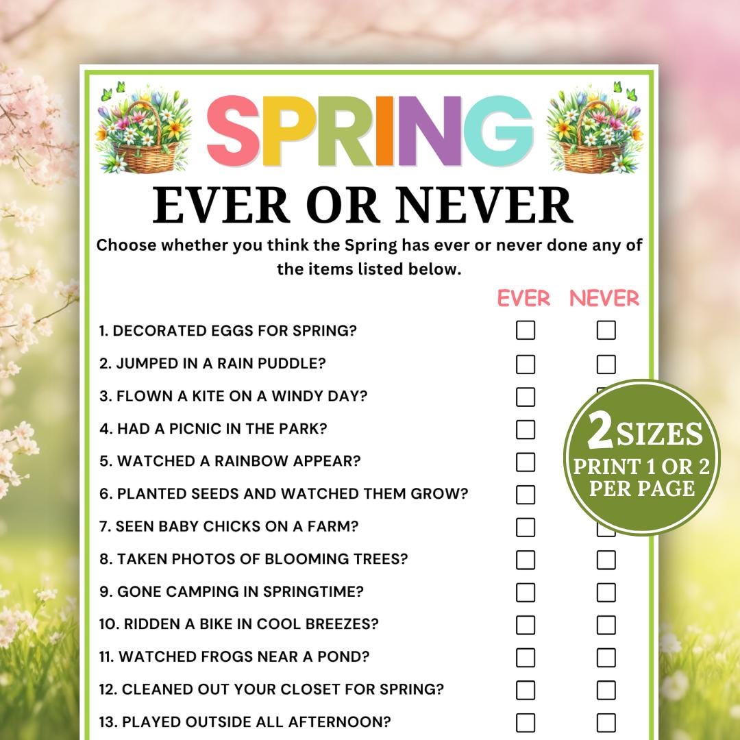Spring Never Have I Ever Game, Printable Party Activity, Holiday ...