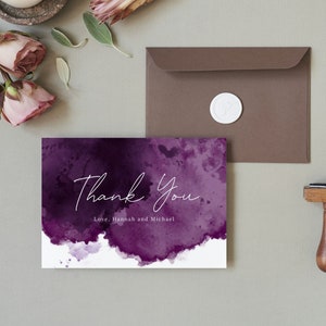Plantilla de tarjeta de agradecimiento personalizada, nota de agradecimiento púrpura imprimible, nota de servilleta de ciruela berenjena, papelería de boda en tono joya DIY, #CHC