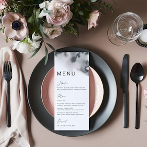 Black and White Wedding Menu Template, Printable Modern Watercolor Dinner Menu, Minimalist Wedding Menu Card, DIY Wedding Table Decor, #NOC