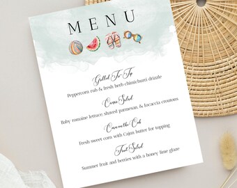 May include: A menu with a watercolor background featuring a beach theme. The menu lists "Grilled Filet", "Corn Salad", "Corn on the Cob", and "Fruit Salad".