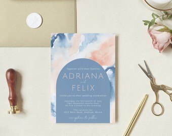 Dusty Blue and Peach Wedding Invitation Template, Printable Summer Wedding Invite, Blue & Pink Wedding Invite, DIY Wedding Stationery, #CPC