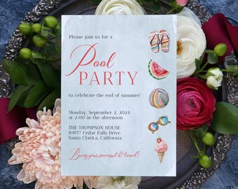 Pool Party Invitation Template, Printable Pool Party Invitation Card, Summer Pool Party Invite, Summer Birthday Pool Party Invite, #STC