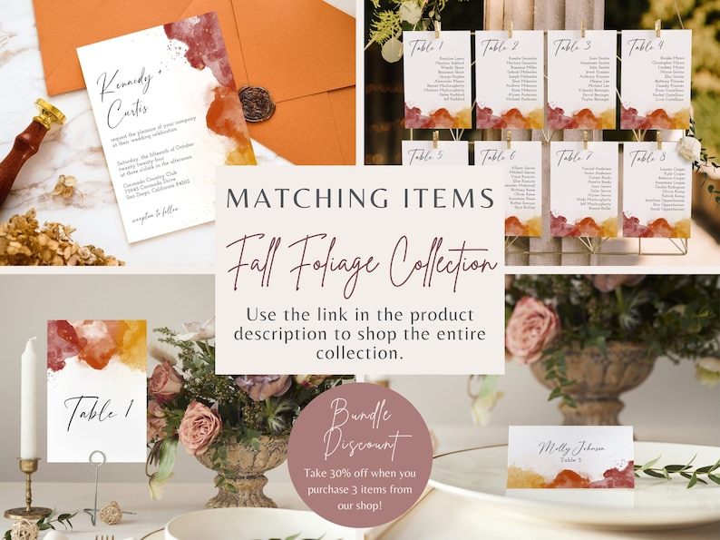 May include: Fall foliage wedding invitation suite with watercolor background in shades of orange, yellow, and red. The suite includes a wedding invitation, table numbers, and place cards. The text on the invitation reads "Kennedy & Curtis".