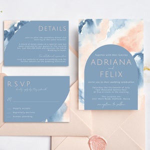 Blaue und Pfirsichfarbene Hochzeitseinladung, Hochzeitseinladung Set, Hochzeitseinladung Set, Hochzeitseinladung Set, #CPC