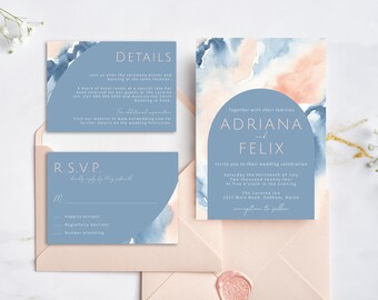 Dusty Blue and Peach Wedding Invitation Suite Template, Printable Summer Wedding Invitation Set, DIY Blue and Pink Wedding Stationery, #CPC