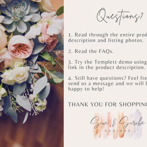 May include: A floral bouquet with pink, white, and peach roses, succulents, and eucalyptus leaves. The image includes text that reads "Questions?" and lists four steps to help customers find answers. The text also includes "Thank you for shopping with Sun & Scribe Designs."