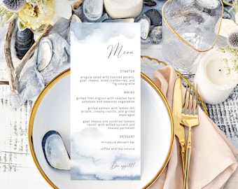 Dusty Blue Wedding Menu Template, Printable Blue Watercolor Dinner Menu, Beach Wedding Menu Card, DIY Coastal Wedding Table Decor, #COC