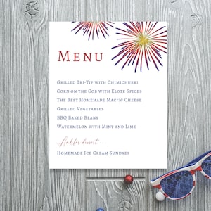 Fireworks Menu Template, Fourth of July Party Menu, Printable Independence Day BBQ Menu, July 4th Buffet Menu, Fireworks Party Decor, #STC