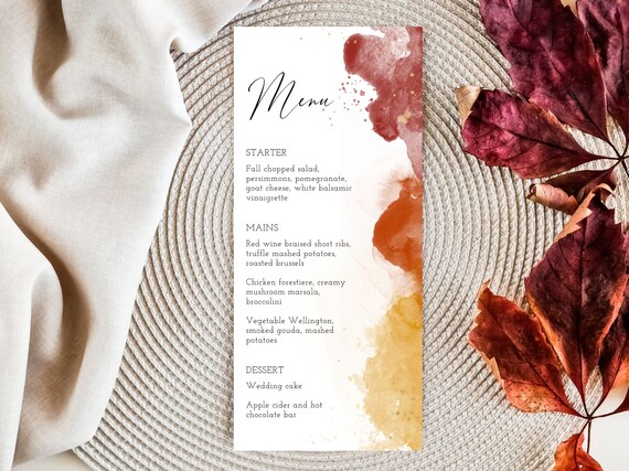 Autumn Wedding Menu Template, Printable Fall Dinner Menu, Autumn Menu Card, DIY Fall Wedding Decor, Halloween Thanksgiving Menu, #FFC #AUT